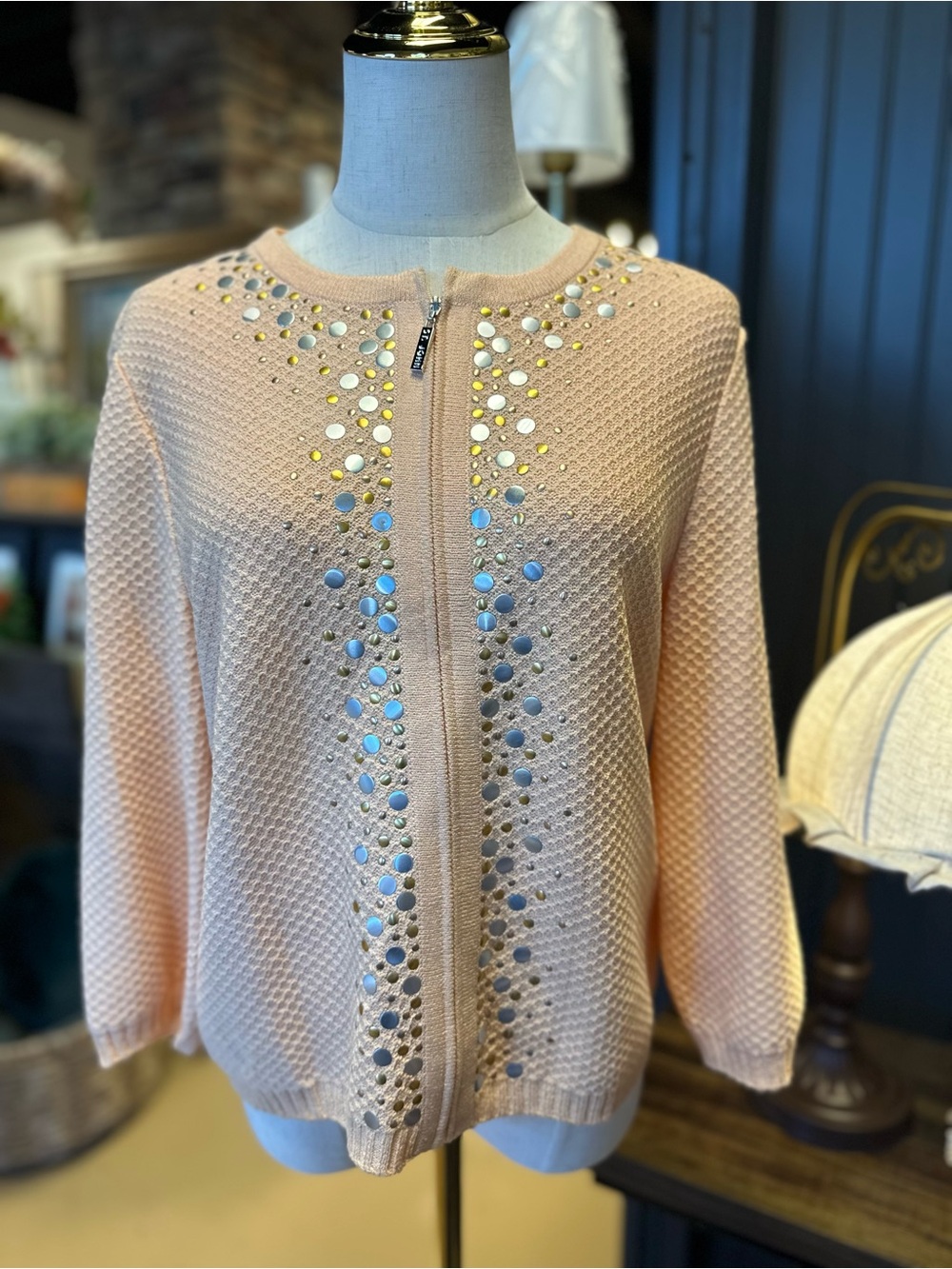 St. John Sport Pink Gold Silver Stud Embellished Zip Cardigan Size M